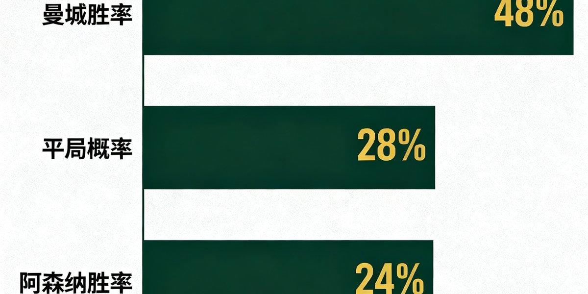 数据预测模型图表，显示胜平负概率分布条形图，曼城胜率48%为最高，平局概率28%，阿森纳胜率24%，图表采用深绿和金色配色。